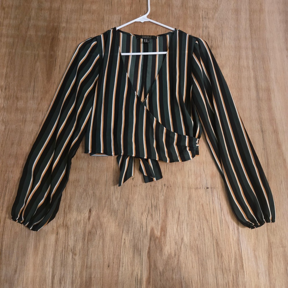 Striped Wrap Crop Top Long Sleeve Green Mustard Black Tie Waist XS Forever 21